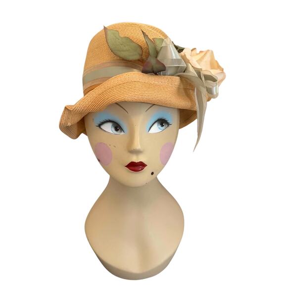 Vintage Linda Farrell Original Straw Hat Wired Brim Silk Flower Kentucky Derby main image 4
